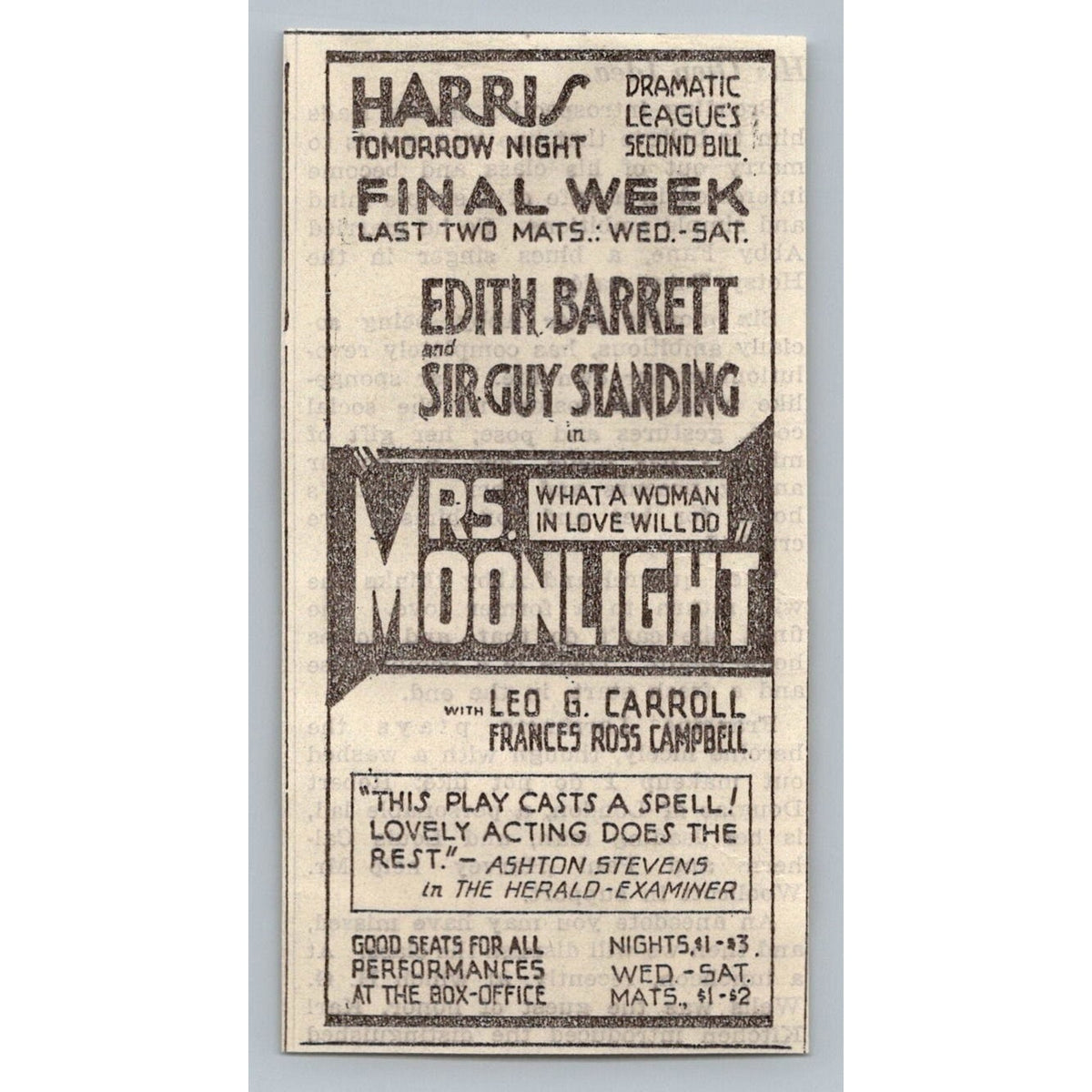 1931 Harris Theatre Mrs Moonlight Print Ad Edith Barrett Sir Guy