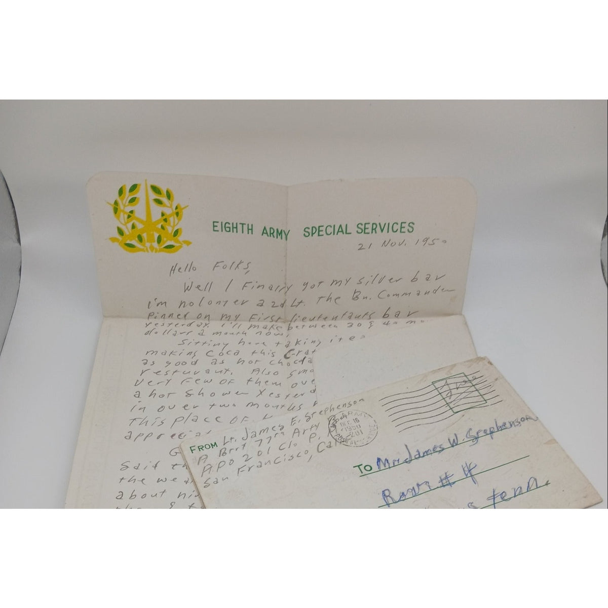 2 1950 Korean War Letters 1st Lt James Stephenson KIA 8th Army Special Services