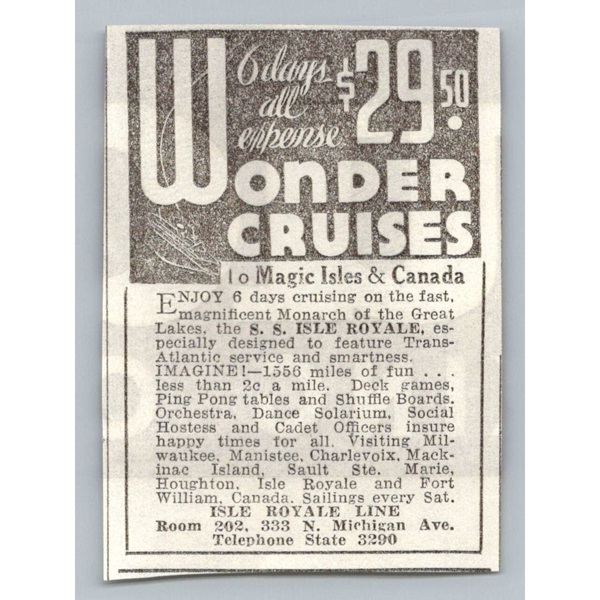 1933 Isle Royale Line Great Lakes Cruise Ad S S Isle Royale Ephemera Steam Ship