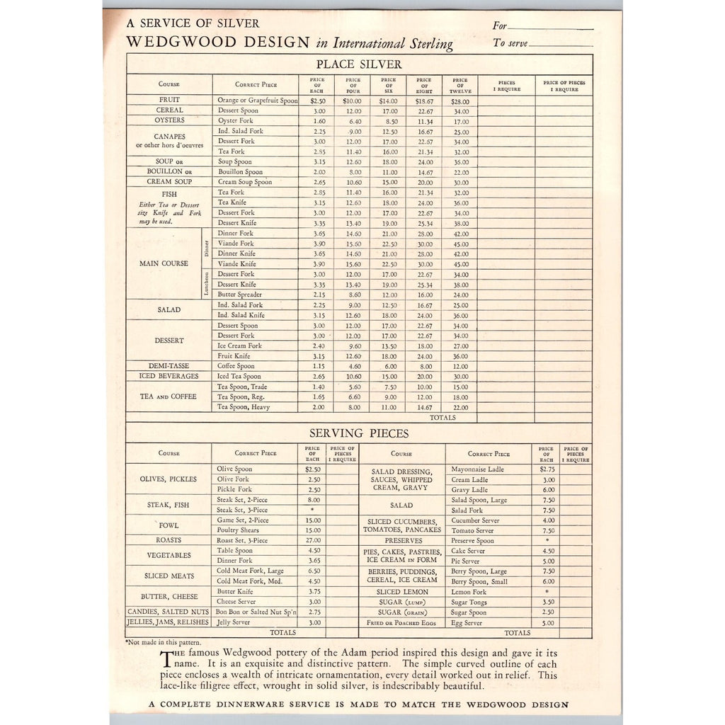 1930s WEDGWOOD SERVICE Silverware Flatware Print Ad Price List Ephemera