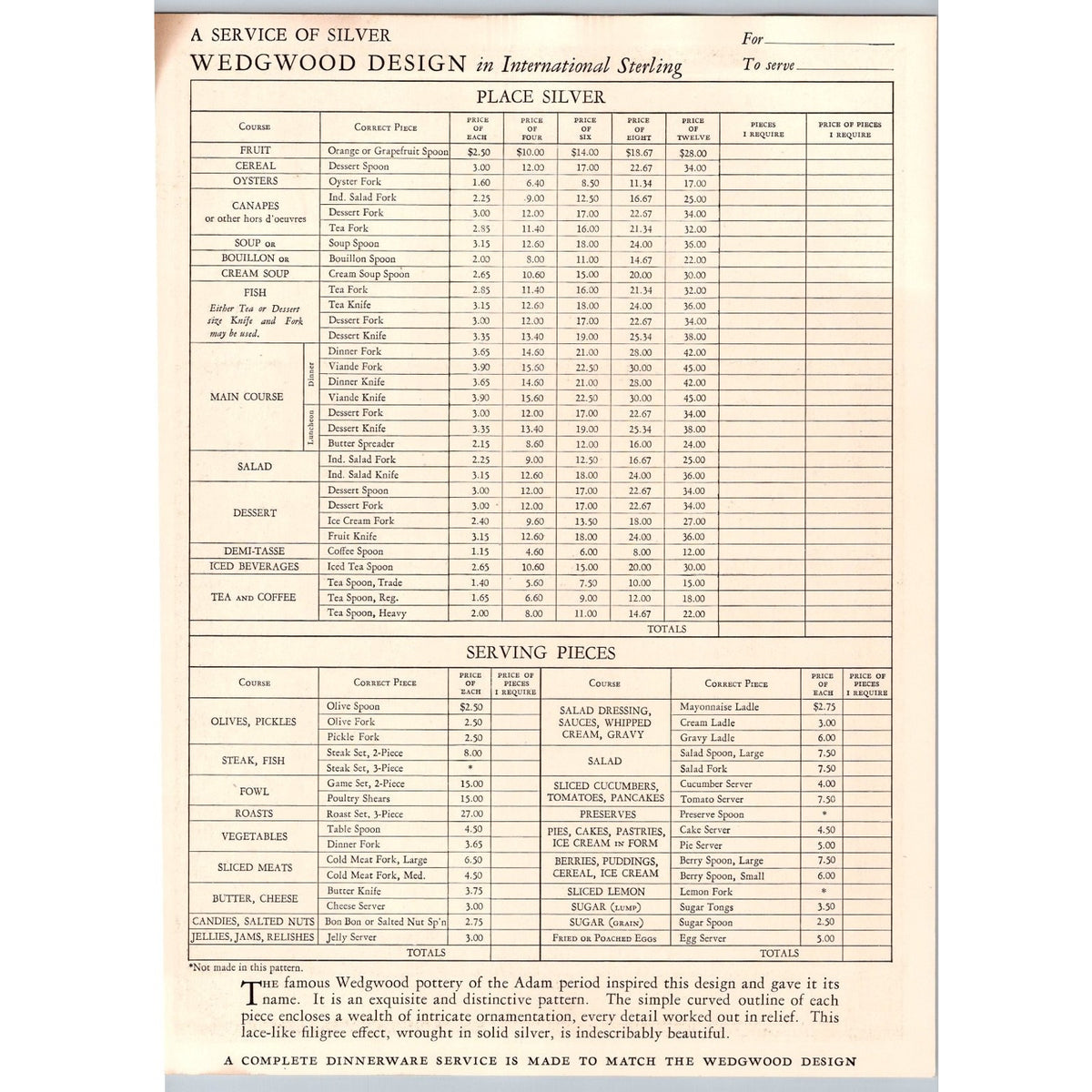 1930s WEDGWOOD SERVICE Silverware Flatware Print Ad Price List Ephemera