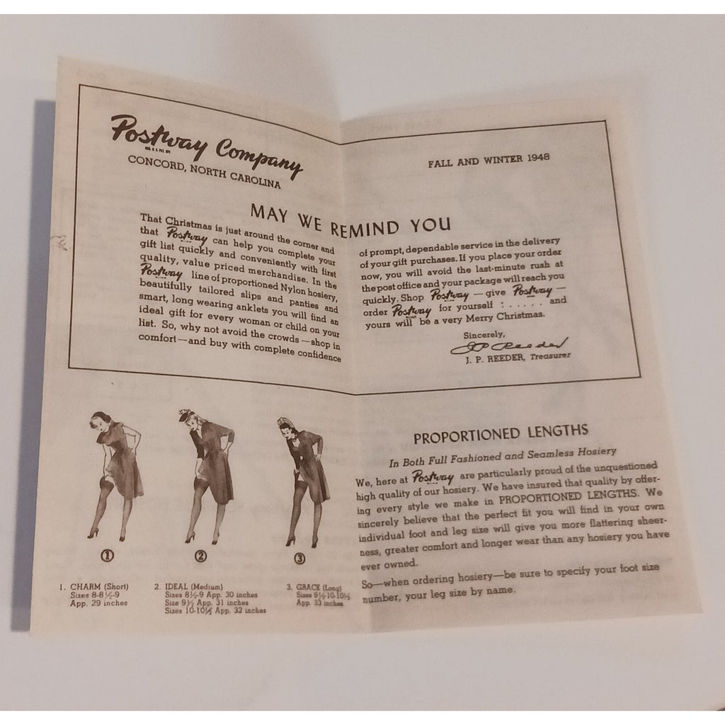 1948 Postway Hosiery Brochure & Color Swatch Concord NC Ephemera