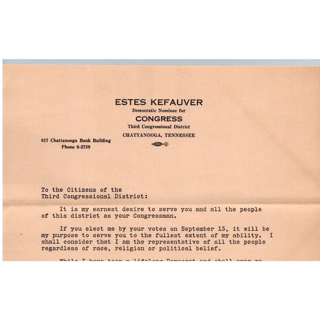 c1939 Estes Kefauver Chattanooga Congress Campaign Letter & Envelope Ephemera