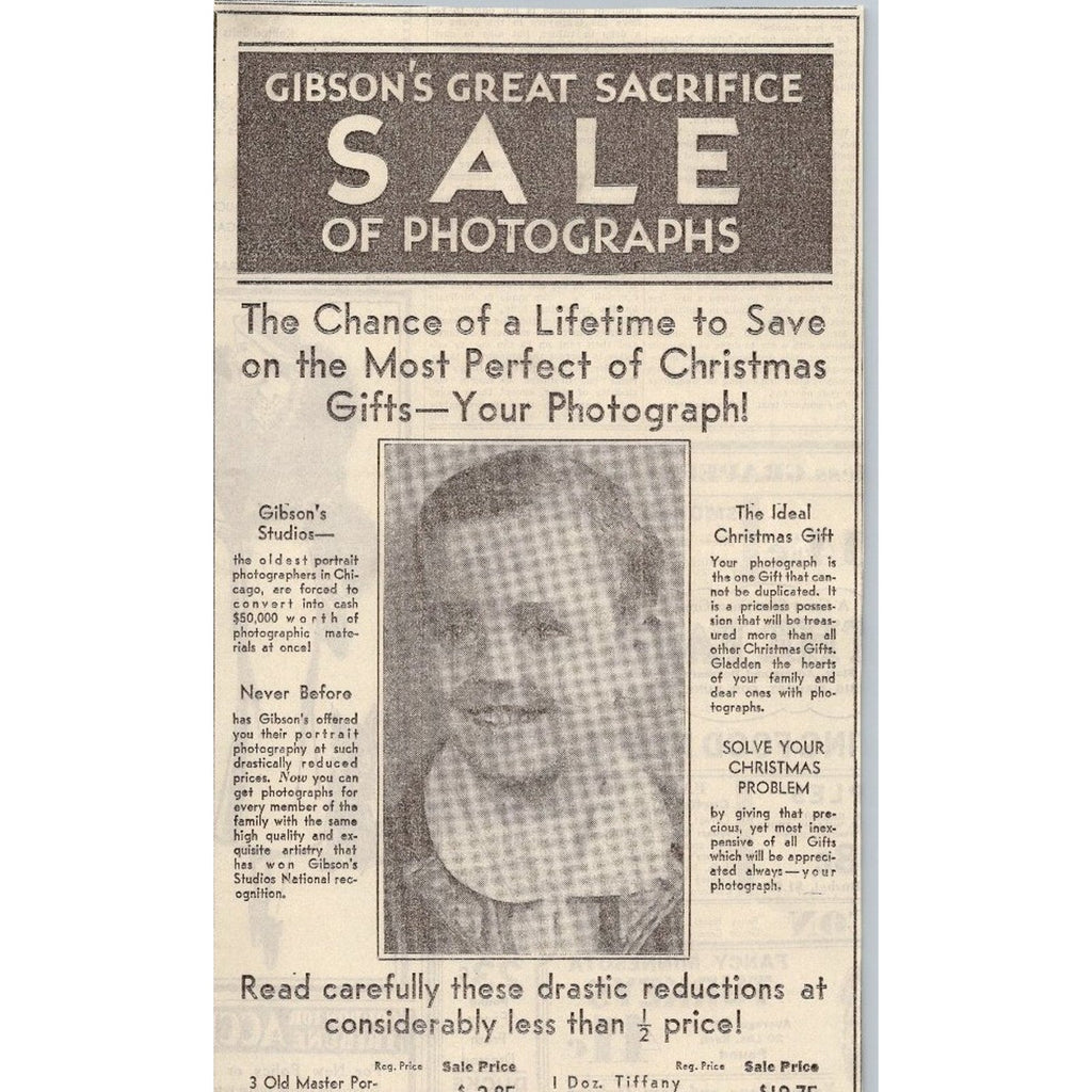 1931 Gibson Studios Chicago Photo Sale Ad Ephemera Christmas Gift