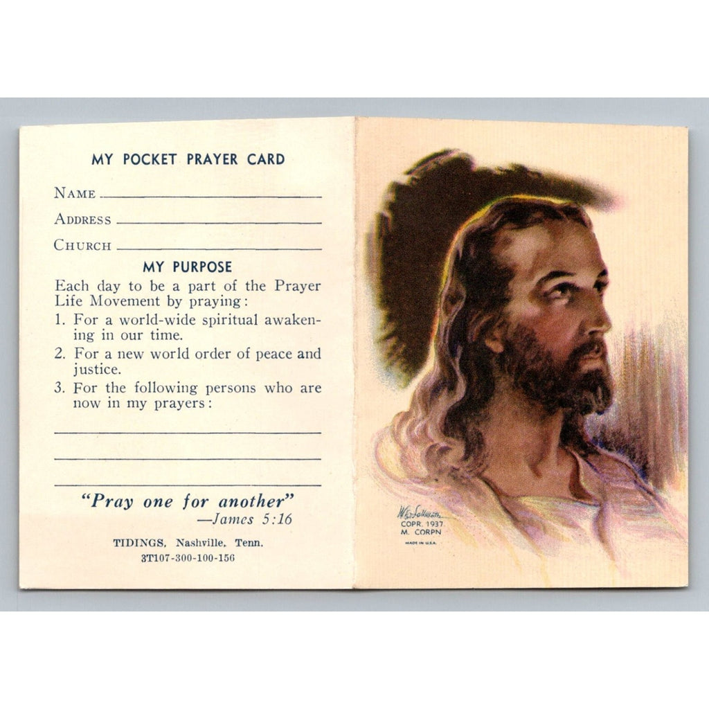 Vintage 1937 Jesus My Pocket Prayer Card Tidings Nashville USA Holy Card