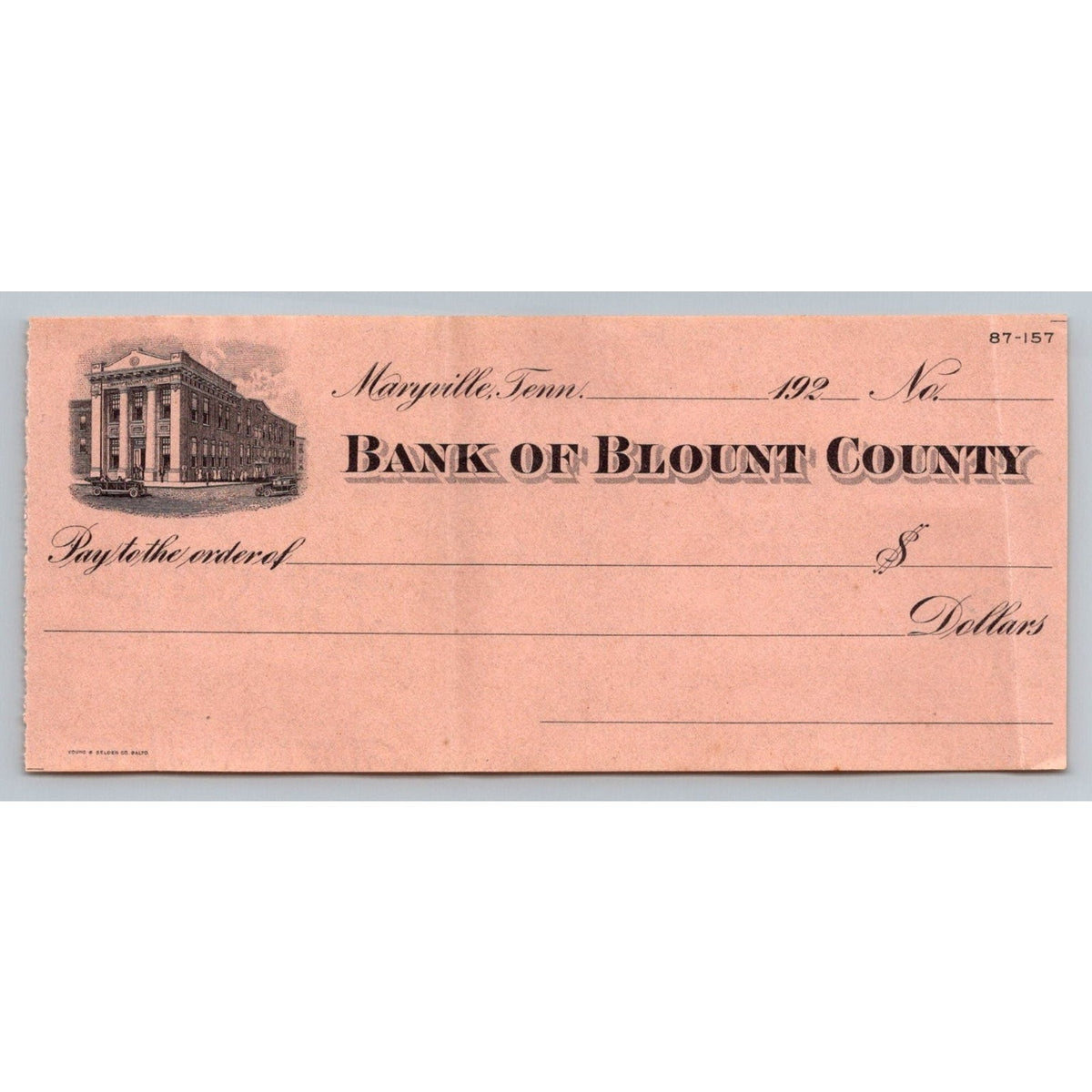 Vintage Antique Bank of Blount County Maryville Tennessee Unissued Blank Check