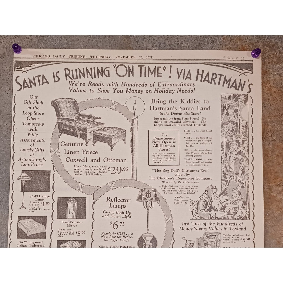1931 Chicago Tribune Hartman's Christmas Ad Santa Land Toyland Furniture