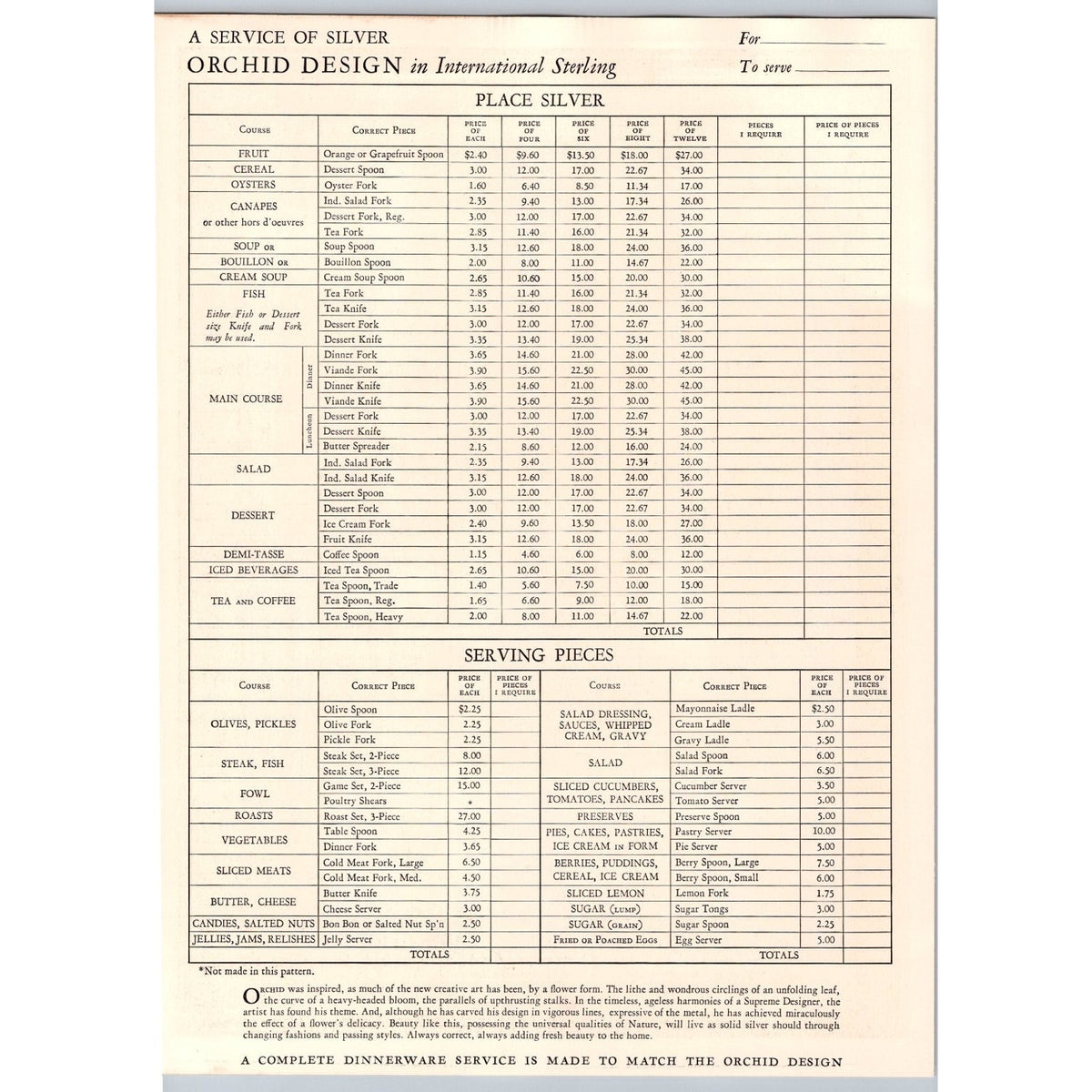 1930s International Sterling Orchid Silverware Ad Price List Ephemera Print