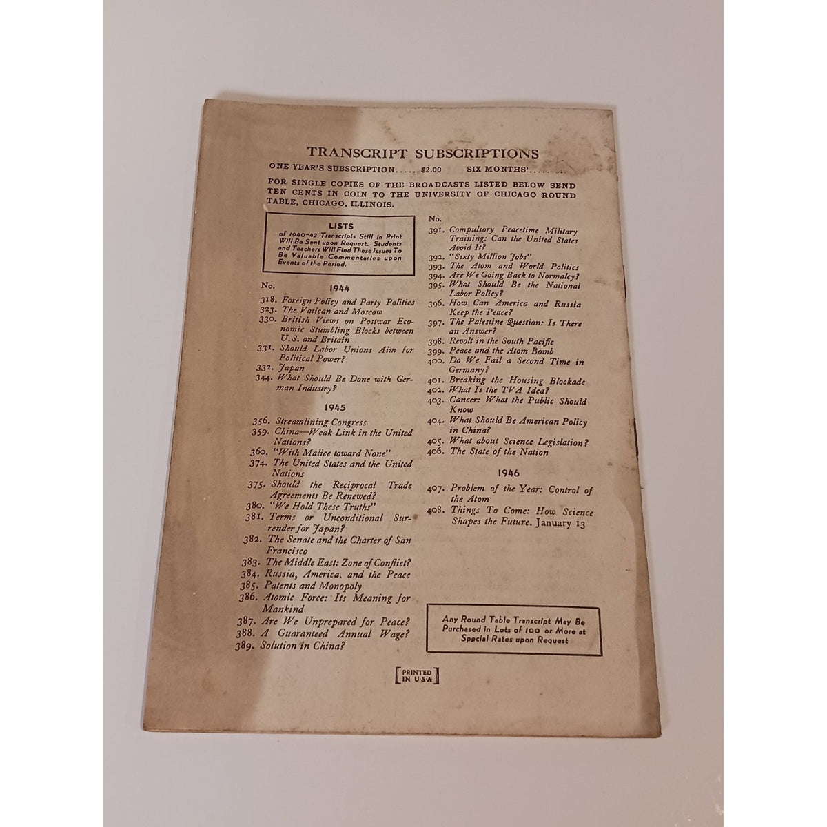 1946 University of Chicago Round Table Radio Transcript Estes Kefauver Congress