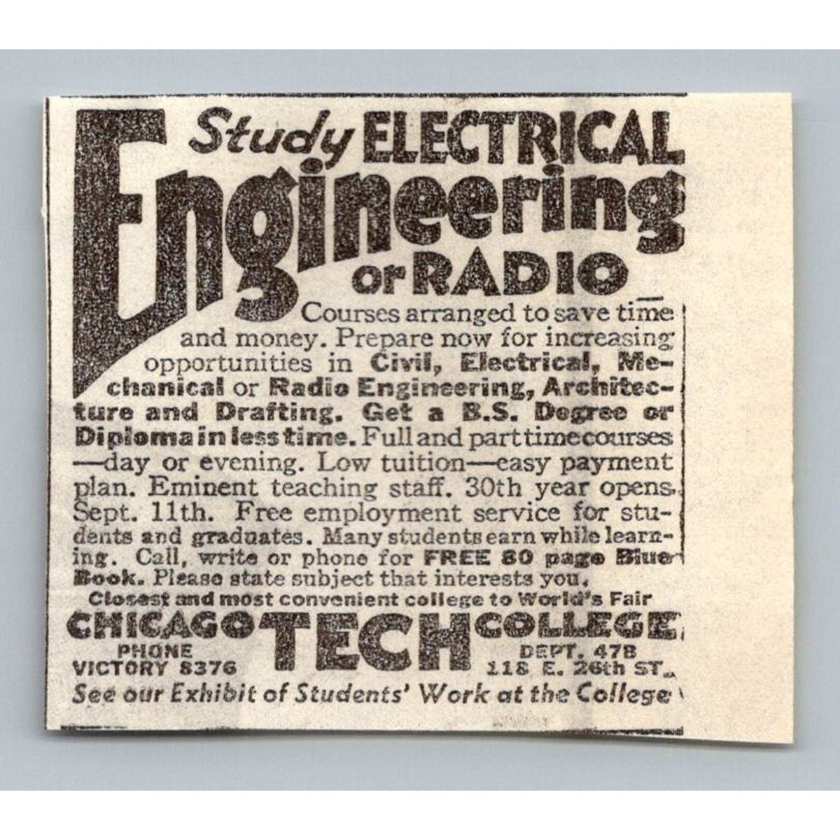 1933 Chicago Tech College Electrical Radio Engineering World's Fair Ad Ephemera