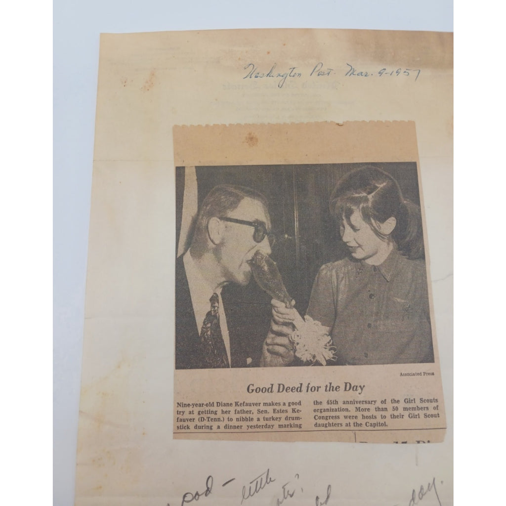 Handwrote Note Signed Estes Kefauver W/ Daughter Newspaper Clipping Sent To Dad