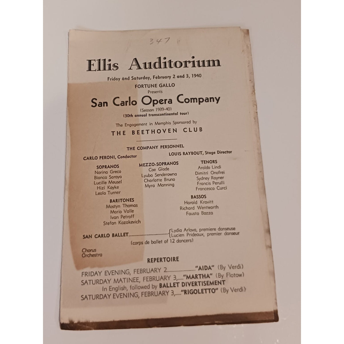 1940 San Carlo Opera Company Program Ellis Auditorium Memphis Aida Martha