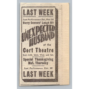 1931 Barry Conners Unexpected Husband Cort Theatre Broadway Ad NYC Ephemera
