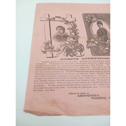 1870s 1880s Antique Victorian Caxton Printing Co Conn Photo Frame Agent Ad Flyer