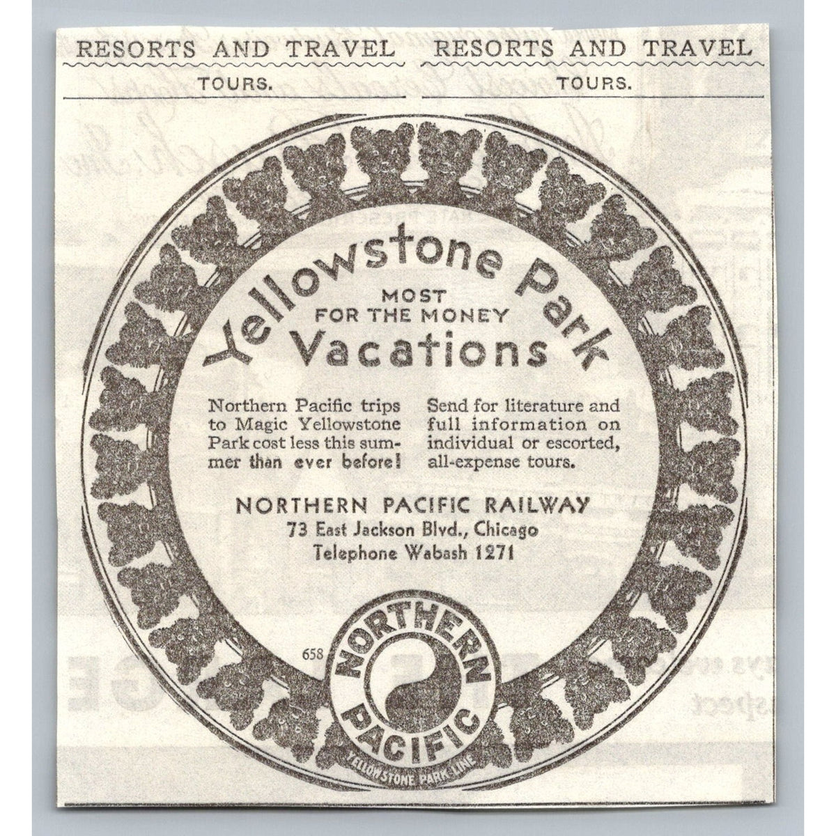 1930s Yellowstone Park Vacations Northern Pacific Railway Chicago Ad