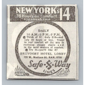 1930s Safe Way Lines NYC Bus Travel Ad Brevoort Hotel Chicago Ephemera