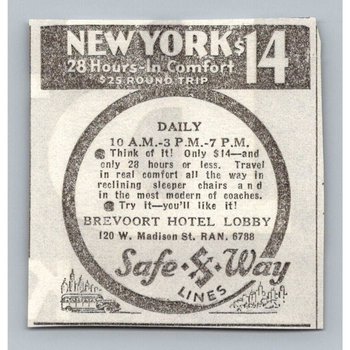 1930s Safe Way Lines NYC Bus Travel Ad Brevoort Hotel Chicago Ephemera