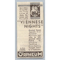 1931 Viennese Nights Movie Ad Warner's Orpheum Technicolor Sigmund Romberg