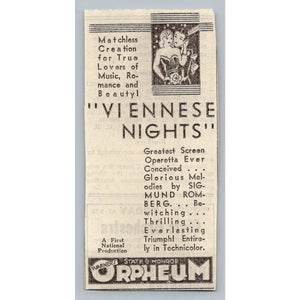 1931 Viennese Nights Movie Ad Warner's Orpheum Technicolor Sigmund Romberg