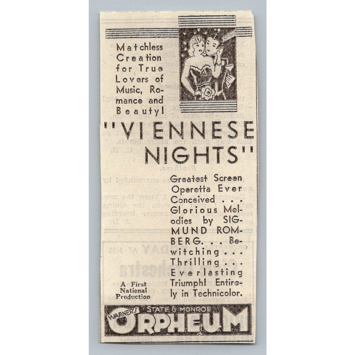 1931 Viennese Nights Movie Ad Warner's Orpheum Technicolor Sigmund Romberg