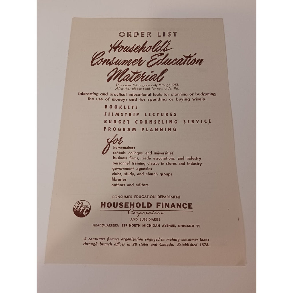 1951 Household Finance Consumer Education Material Order List Pamphlet Chicago