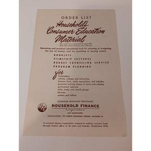 1951 Household Finance Consumer Education Material Order List Pamphlet Chicago