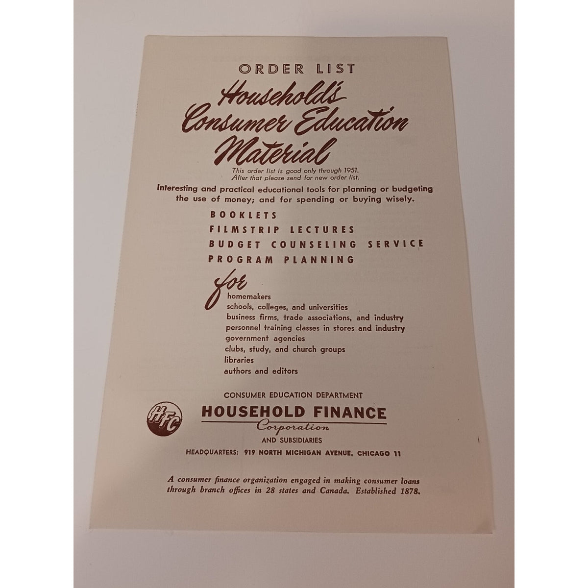 1951 Household Finance Consumer Education Material Order List Pamphlet Chicago