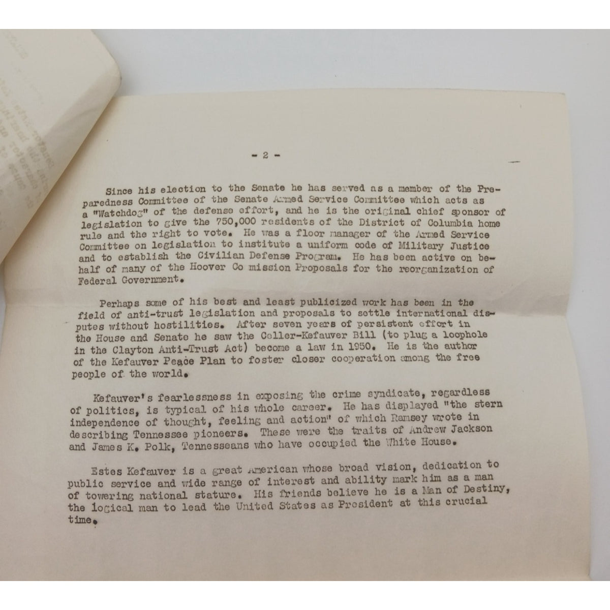 2 Page Biography of Senator Estes Kefauver Tennessee Democrat From Family Estate
