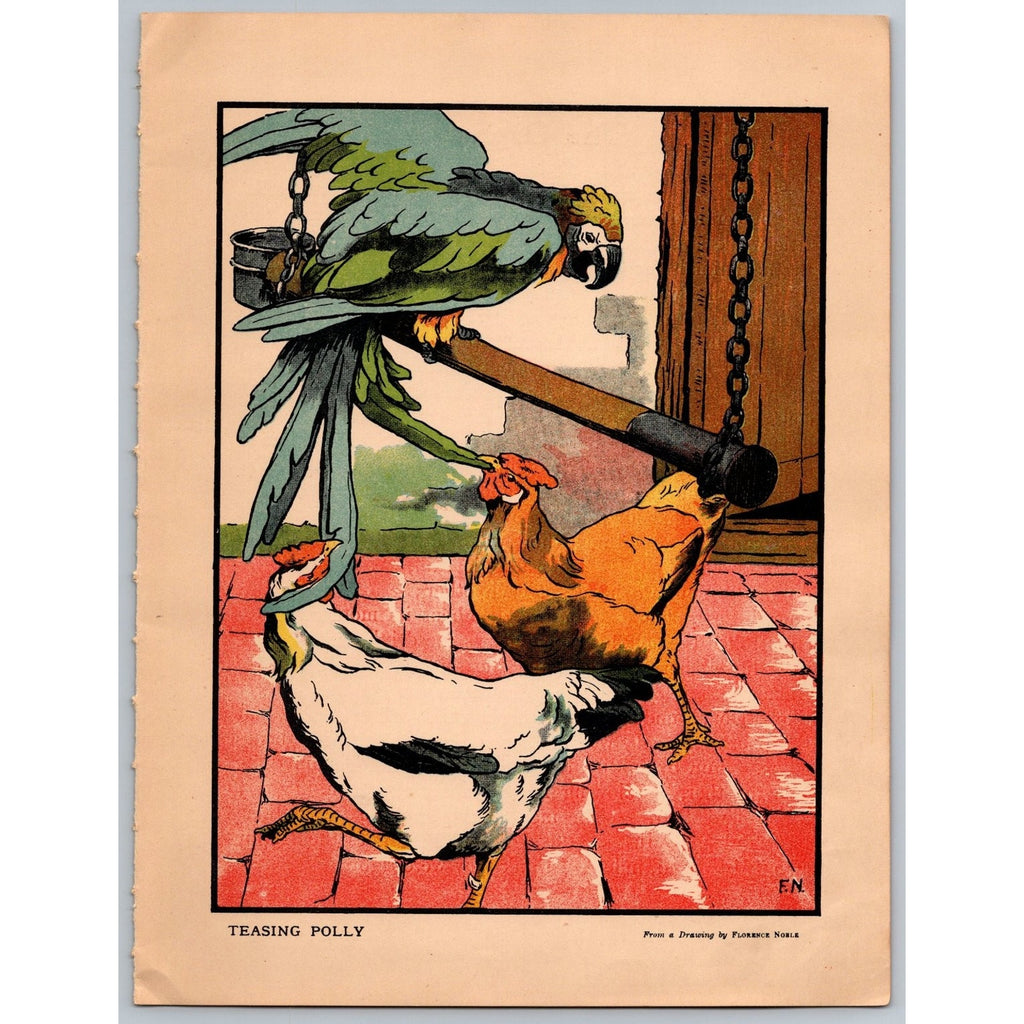 1909 Antique Florence Noble Teasing Polly Art Print Plate Signed Animals Chicken