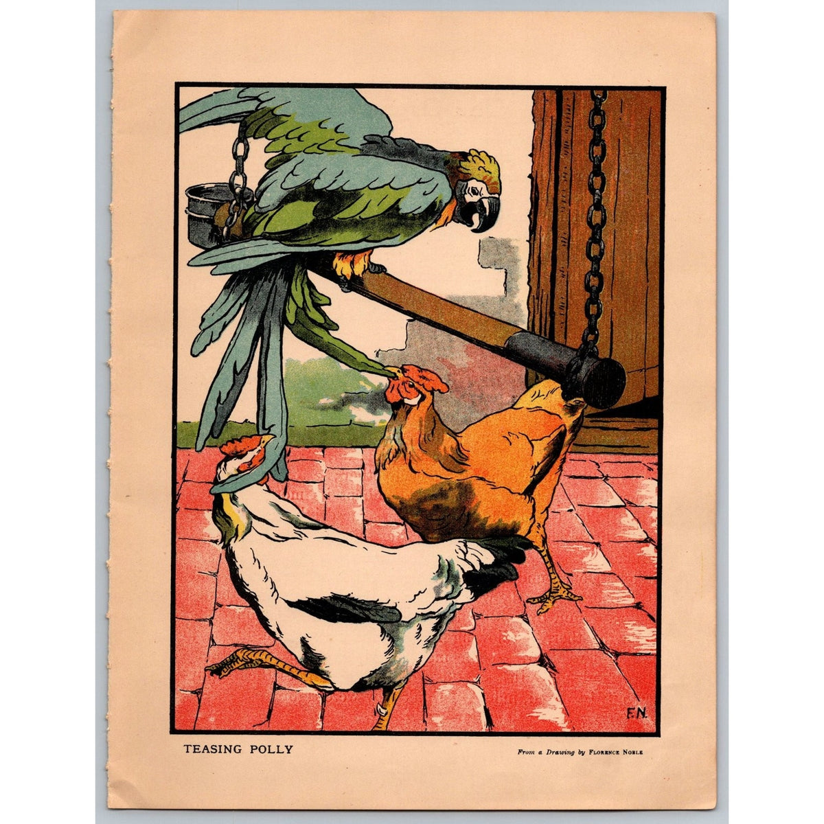1909 Antique Florence Noble Teasing Polly Art Print Plate Signed Animals Chicken