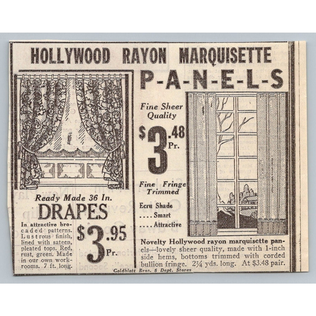 1930s Goldblatt Bros. Hollywood Rayon Marquisette Drapes Ad Ephemera