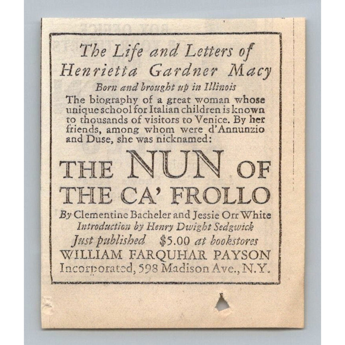 1931 Henrietta Gardner Macy Book Ad Venice D'Annunzio Duse NY Publisher Ephemera