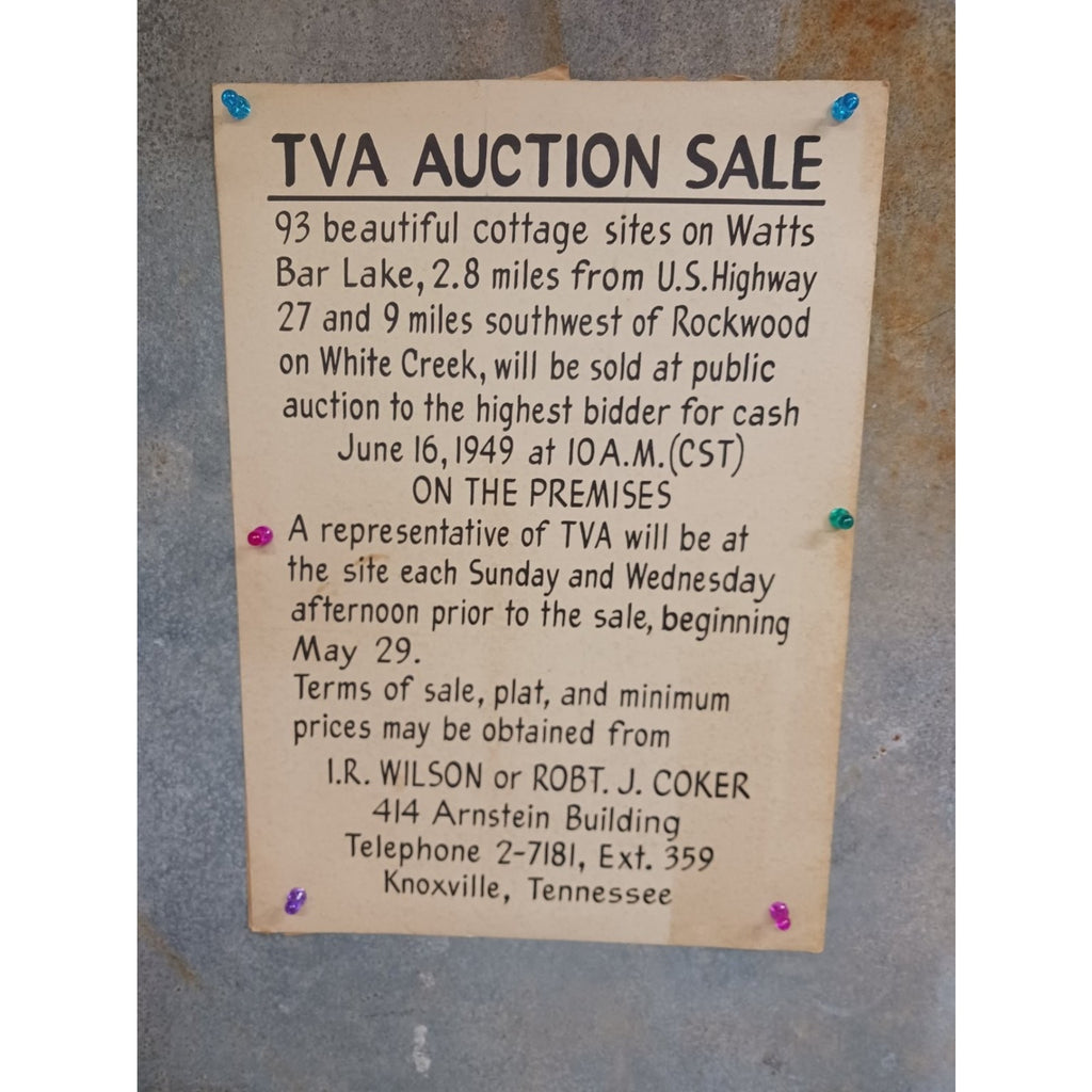 TVA Auction Sale Document Poster 1949 Watts Bar Lake Cottage Sites Knoxville TN