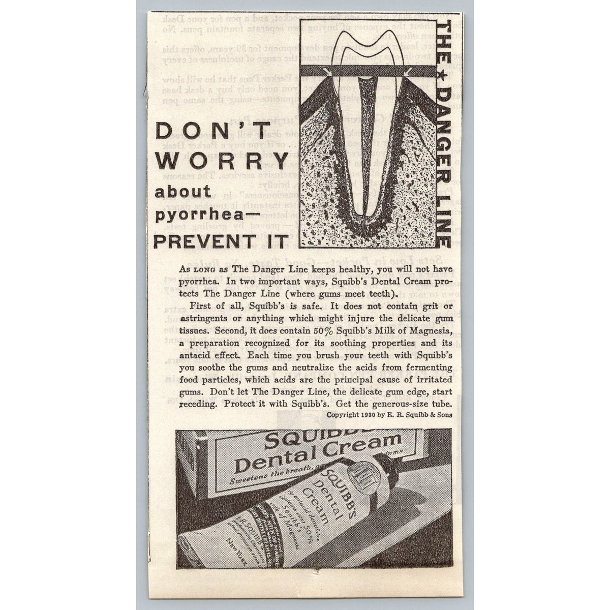 1930 Squibb's Dental Cream Pyorrhea Print Ad Vintage Toothpaste Advertisement