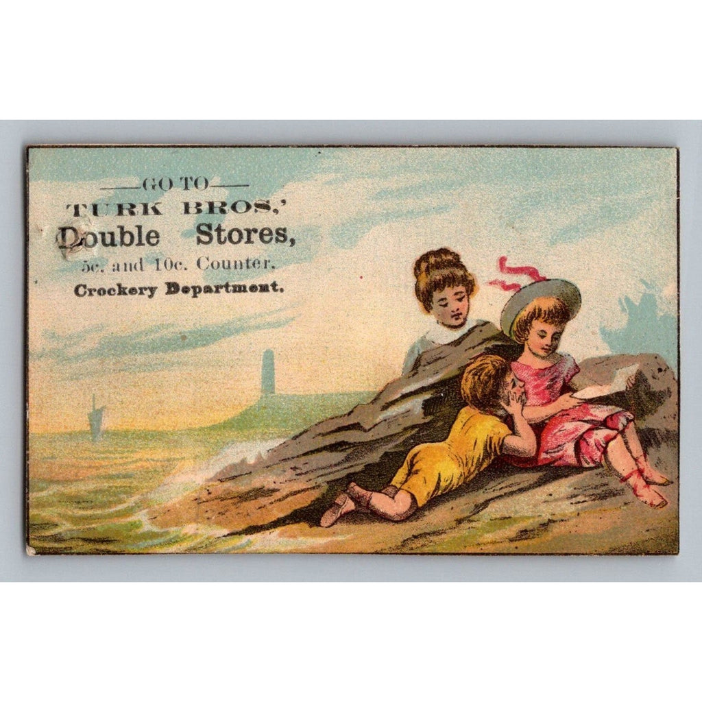 TURK BROS Double Stores 5c 10c Counter Crockery Trade Card 1880s Children