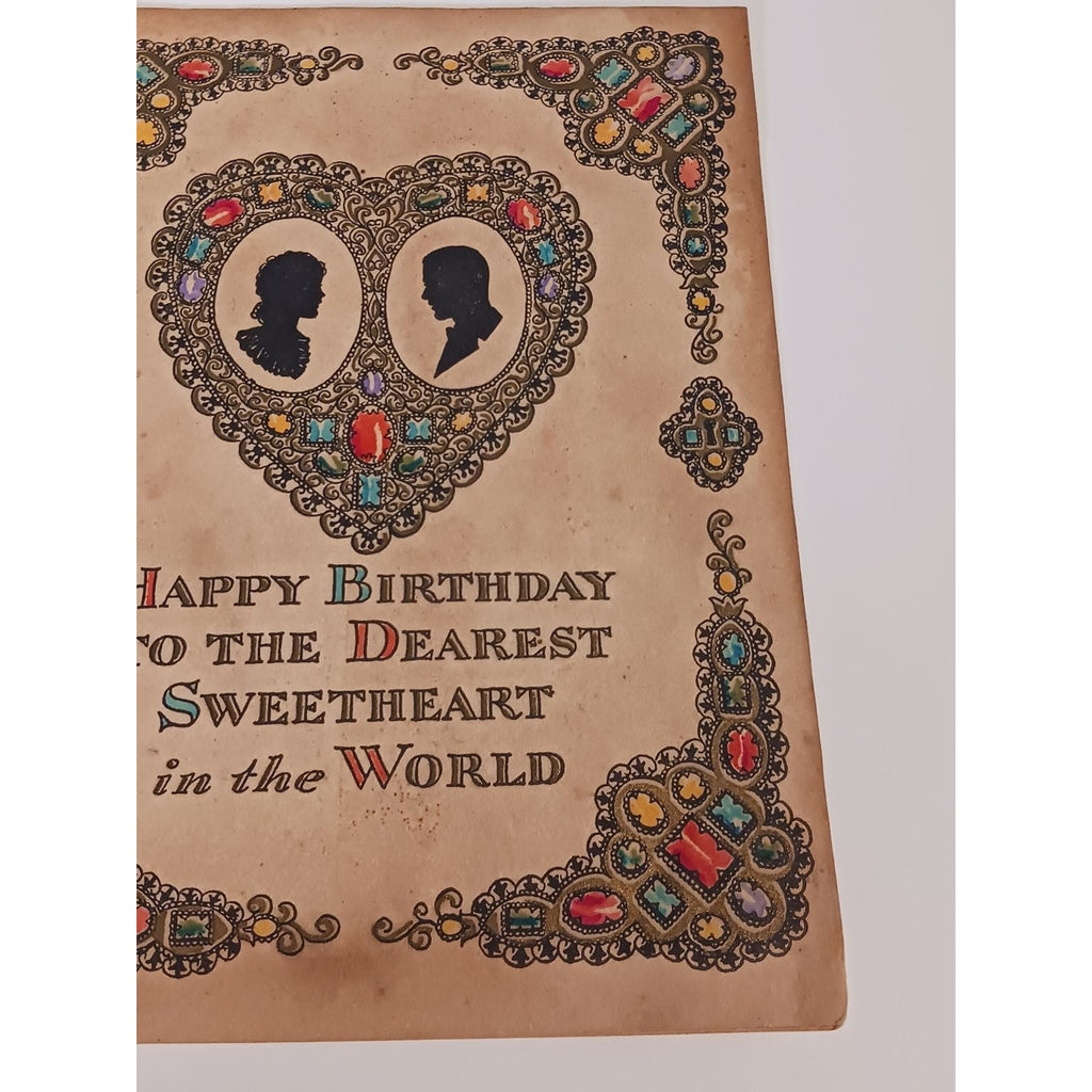 1920s 30s Norcross Birthday Card Sweetheart Silhouettes Gemstone Art USA