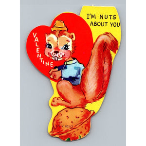 VTG Anthropomorphic Squirrel Walnut Valentine Greeting Card Die Cut Red Yellow
