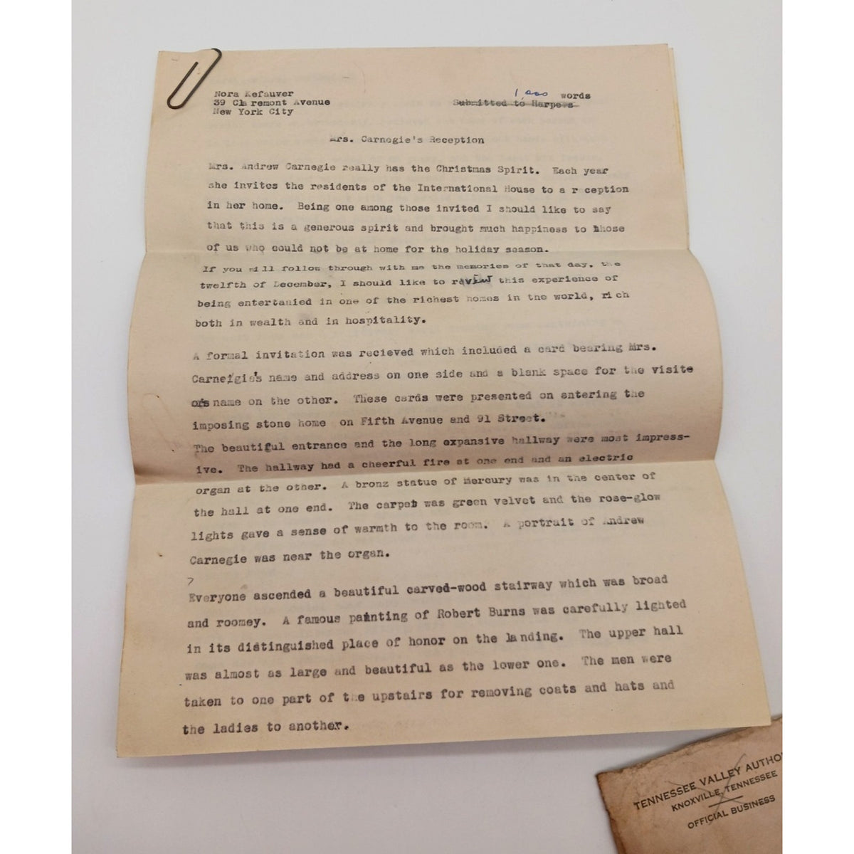 Mrs Andrew Carnegie 1942 Christmas International House Reception Party Kefauver
