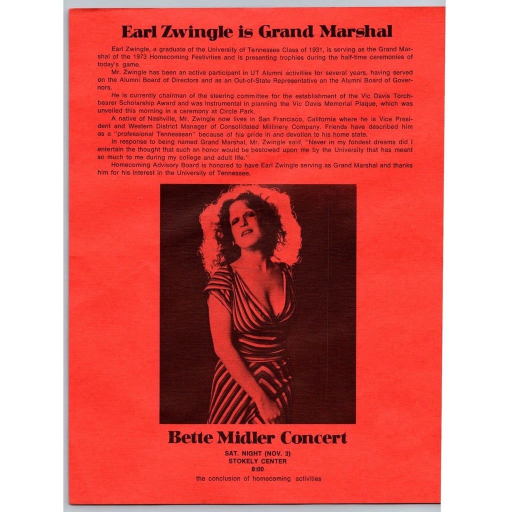 1973 Bette Midler Concert Flyer University of Tennessee Homecoming Program Earl