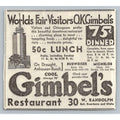1933 Chicago World's Fair Gimbel's Restaurant Ad Ephemera Art Deco Building