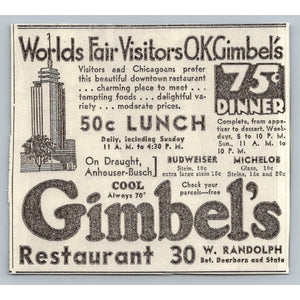 1933 Chicago World's Fair Gimbel's Restaurant Ad Ephemera Art Deco Building