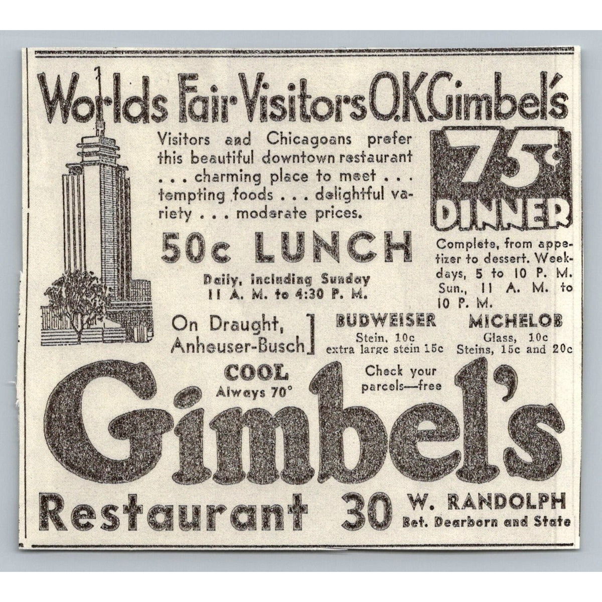 1933 Chicago World's Fair Gimbel's Restaurant Ad Ephemera Art Deco Building