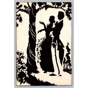 VTG Black Silhouette Art Print Romantic Couple Tree Birds Antique Illustration