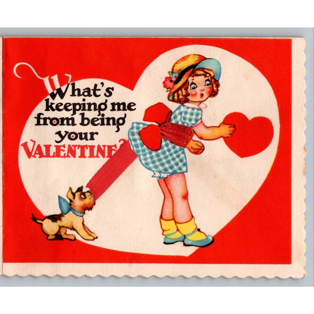 Vintage 1938 American Greetings Valentine Card Girl Dog Pulling Leg Original