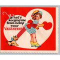 Vintage 1938 American Greetings Valentine Card Girl Dog Pulling Leg Original