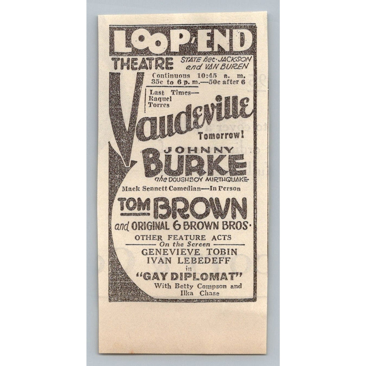 1931 Loop End Theatre Vaudeville Mack Sennett Johnny Burke Gay Diplomat