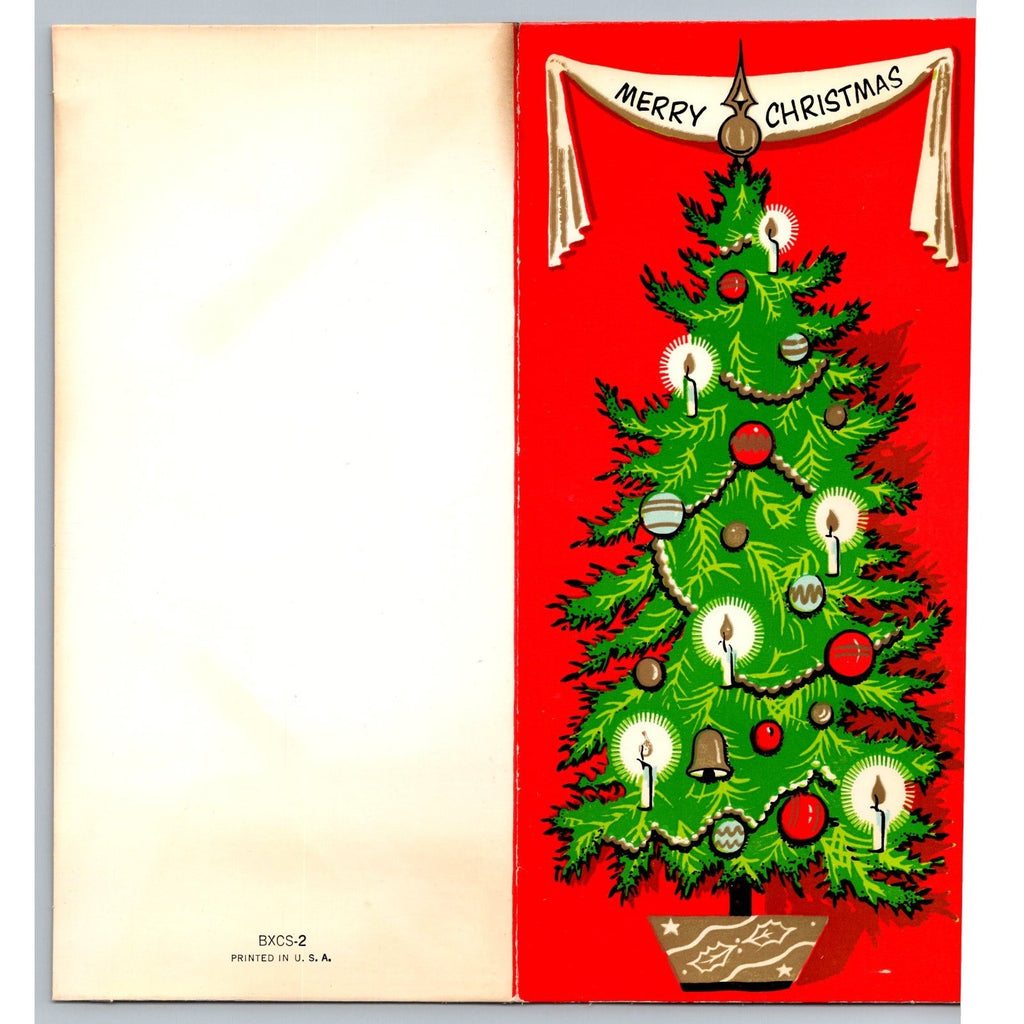 1955 Merry Christmas Tree Candles Red Green MCM Greeting Card Vintage