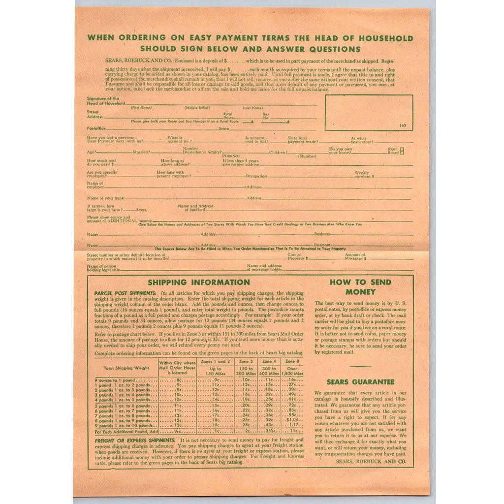 1940s Vintage Sears Roebuck Philadelphia Mail Order Blank & Credit App Ephemera