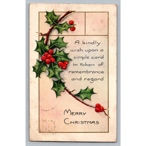 1923 Whitney Made Embossed Holly Merry Christmas Postcard Brunswick MO Postmark