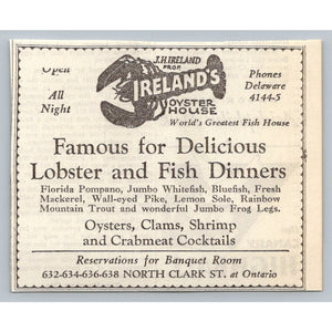 Ireland's Oyster House Chicago Ad 1930 Lobster Seafood Restaurant Ephemera